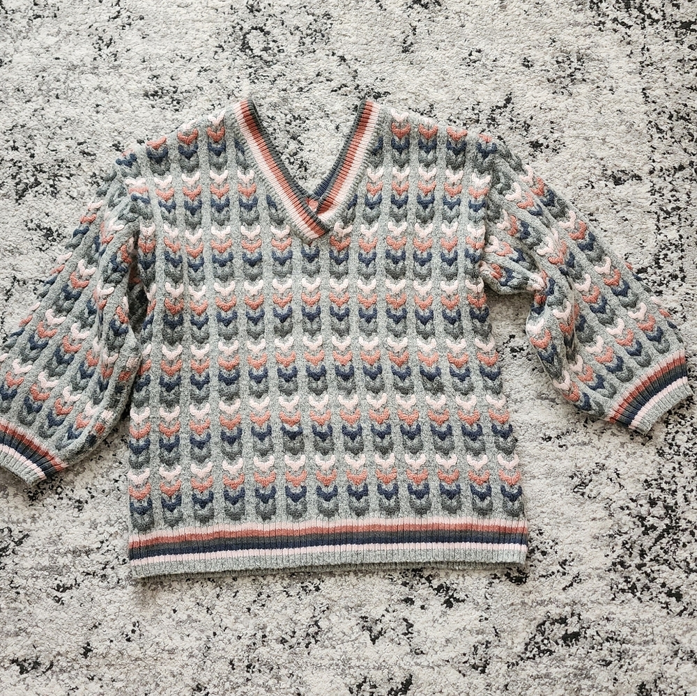 Cottage Core Chunky Woven Sweater Womens Size M Gray Mauve Kerrick Vneck - Picture 7 of 10
